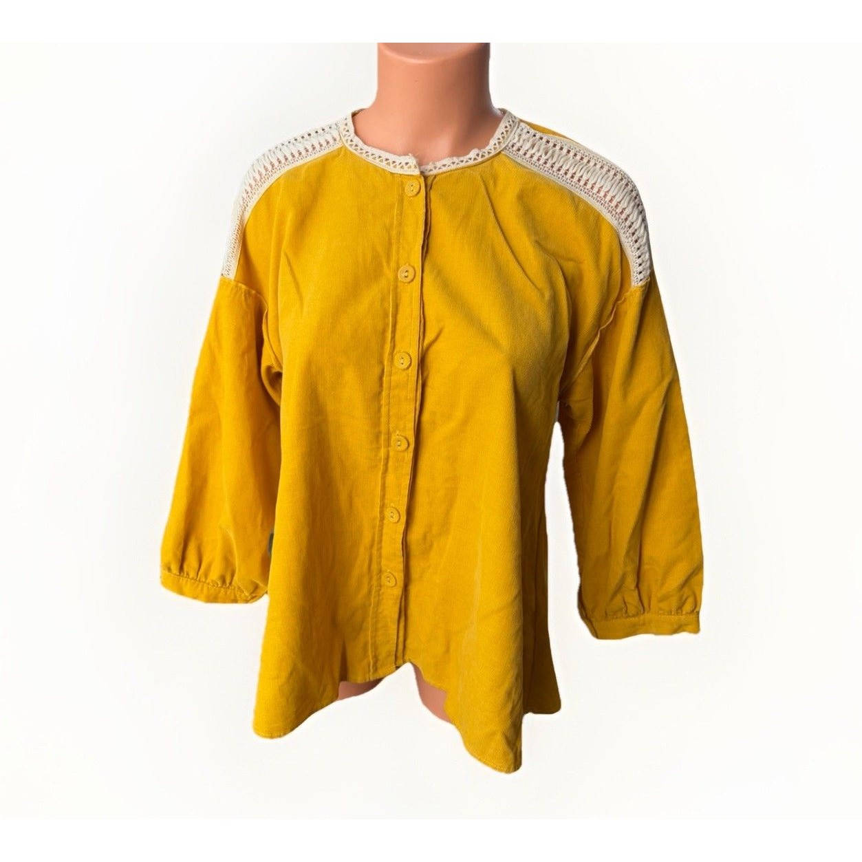 Zara Mustard Yellow Corduroy Crochet Lace Trim Oversized Blouse Top Boho Size S